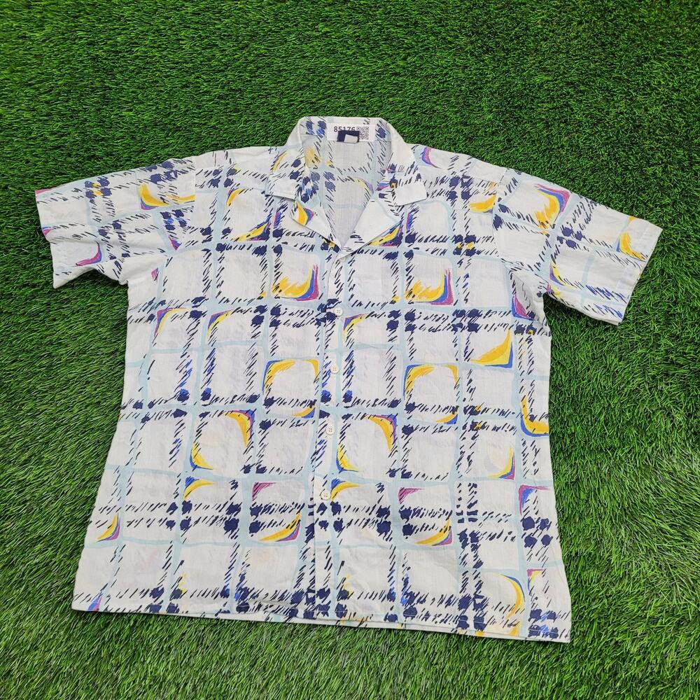 Vintage 80s Abstract Hippie Button Shirt Large 23x28 Blue Groovy